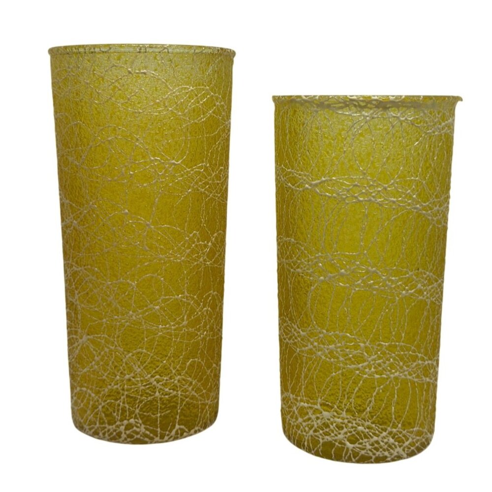 VTG 50s Spaghetti String Highball Glass Tumblers MCM Barware Cups Set 2 Yellow